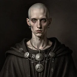 portrait of a young thin bald male mage, sickly with pallid skin, piercings, wearing many runes and round jewellery, sigils and robes, art by gustave dore