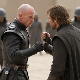Establishing shot of a duel between two subjects, bald ominous brooding Austin Butler as Feyd-Rautha Harkonnen fighting duel against Paul Atreides in an arena, clear gaze, detailed eyes