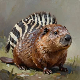 Rare mythical creature - hybrid of beaver and zebra, having zebra body and beaver head, oil on canvas, fantasy, digital painting, concept art, smooth, sharp focus, illustration, artstation trending, octane render, unreal engine