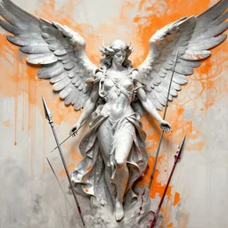 highly detailed and abstract angel of war, with bloody spears, silver white and orange color scheme, by peter mohrbacher craig mullins greg rutkowski and ross trann
