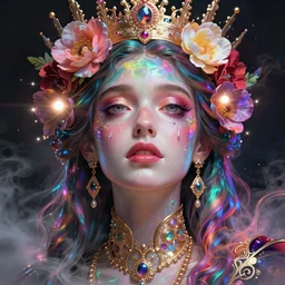 chrissy taigen, portrait, colorful and vibrant majestic, royal, open wide eyes, drops of tear with flowers on her hair, glowing light orbs, intricate concept art, elegant, digital painting, smooth, sharp focus, ethereal opalescent mist, outrun, vaporware, cyberpunk darksynth, ethereal, ominous, misty, 8 k, by ruan jia and miho hirano, rendered in octane