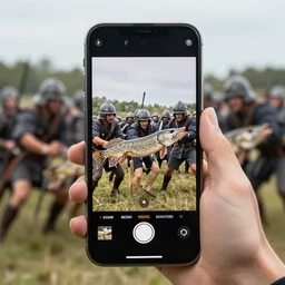 a photo taken on a phone of a group of pike men wearing helmets getting ready to charge into battle.