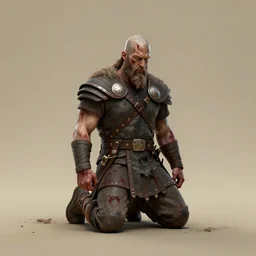 aesthetic 3 d model of a wounded viking warrior on his knees by anne stokes, greg rutkowski, and brian belledin : 1 | dirty bloody, concept art, character concept, matte background, golden ratio, rule of thirds, unreal engine, finalrender, centered, deviantart : 0. 9 | artgerm, and larry elmore : 0. 5