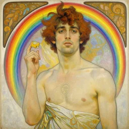 attractive man, rainbow, painting by gaston bussiere, craig mullins, greg rutkowski, alphonse mucha