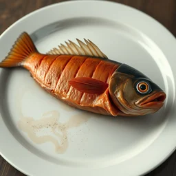 cursed realistic 3 d unreal engine render of a half fish half sausage alone on a plate, fish fins on a sausage