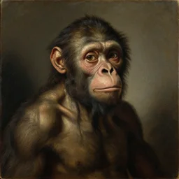 portrait of a australopithecus man by rembrandt, oil on canvas, 1 6 4 0, rijksmuseum