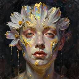 👾 🌈 cosmos face, paint drip, phantom, dreary, dramatic, fluid, iridescent, golden ratio, artstation, moebius + loish + wlop, hd, oil painting, hyper realistic,