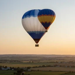 elevated view of hot air balloon in flight, rule of thirds, rural setting in distance, sunset, golden hour, Photorealistic, establishing shot, cinematic lighting, , dramatic lighting, atmospheric, realistic, octane render, highly detailed, color graded, matte painting in the style of craig mullins