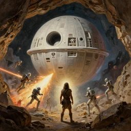 cave man wall drawing of the death star being attacked by the rebel fleet