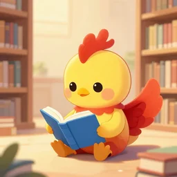 small cute phoenix reads a book in a library cartoon raytracing