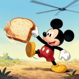mickey mouse punching a loaf of bread because his helicopter crashed
