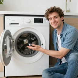 A gigachad of a man is showing off his new washing machine