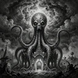 ultra realist soft painting of a curiosities carnival by night in loveraftian universe, horror, omnious sky, deep fog, lurking tentacle, symmetry accurate features, very intricate details, black and white, volumetric light clouds