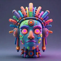 portrait of a glossy claymodel of a steampunk aztec futuristic robot head, top of the head is covered with wires and multicolored glowing tubes, 8 k, front shot, symetrical, flourescent colors, halluzinogenic, multicolored, insanely detailed, 3 d render, octane