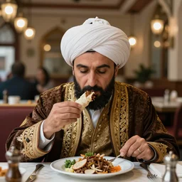 ottoman | sultan mehmet iv!!!!!!! | eating shawarma in a restaurant, wearing big ovular turban and a luxurious ottoman coat, mid - shot, cold lighting, photography from | ( ( ( ( ( vogue magazine ) ) ) ) ) |, neat, precise, realistic, detailed facial features, expressive, photorealistic, hyperrealism, micro details, hdr shot, in the style of martin schoeller