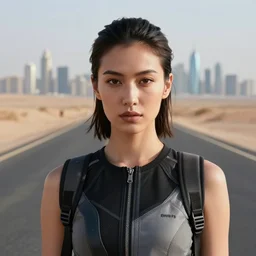 photographic portrait of a techwear woman, closeup, on a desert road with a futuristic city in the horizon, sigma 85mm f/1.4, 4k, depth of field, high resolution, 4k, 8k, hd, full color