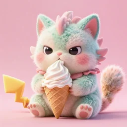 high quality 3 d render hyperrealist very cute pastel fluffy! grumpy gargoyle cat hybrid eating giant ice cream full body, vray smooth, in the style of detective pikachu, hannah yata charlie immer, dramatic pink light, low angle, uhd 8 k, sharp focus