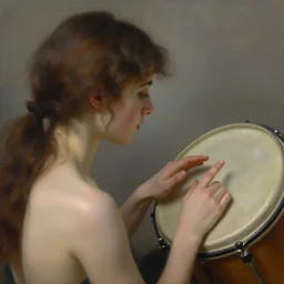 breathtaking detailed soft painting of your head turns away, the new love, your head turns back, a fingertip on a drum releasing sounds and harmony, rembrandt style, elegant, highly detailed, artstation, concept art, matte, sharp focus, art by luis royo and tom bagshaw, and greg rutkowski