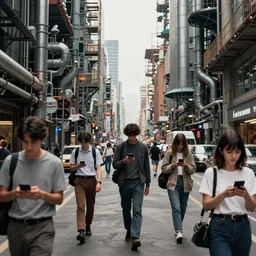 orwellian metropolitan city with citizens staring at their phones walking on the street by yoshitaka amano, by ruan jia, by conrad roset, by kilian eng, by good smile company, high detail, digital painting, industrial art, cinematic lighting, artstation, cgsociety, 3 5 mm film grain