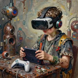 junky kid playing in playstation, cybertronic gadgets and vr helmet, durty colours, rotten textures, rusty shapes, hard surface, biotechnology, bao phan, tim hildebrandt, wayne barlow, bruce pennington, donato giancola, larry elmore, oil on canvas, masterpiece, trending on artstation, featured on pixiv, cinematic composition, hyper - detailed, hd, hdr, 4 k, 8 k