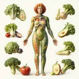 anatomy illustration made with vegetables, ultra realistic, concept art, photorealistic, octane render, 8 k, unreal engine. art by gustave dore and nori inoguchi and sam kaplan and zachary goulko and christopher marley and artgerm and alphonse mucha