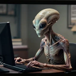 an alien using a computer. taken on a webcam, realistic, hyper detailed, wrinkles in the alien's skin, low bitrate.