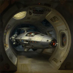 a still life renaissance painting of a starfaring spaceship interior, retrofuturistic fantasy, perspective from the side. realistic light and shadows. in the style of noriyoshi ohrai