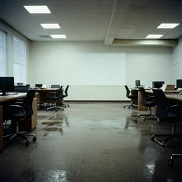 an empty office with a moist carpet, 1990 photography, Liminal