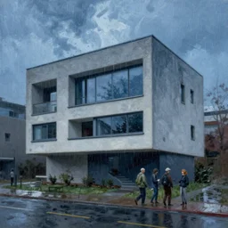 painting of a wide angle exterior shot of a brutalist architecture house with rainy and moody cinematic lighting by darek zabrocki and greg ruthkowski, alphonse mucha, simon stalenhag and cinematic and blue cold atmospheric, archillect concept art, artstation, trending on artstation