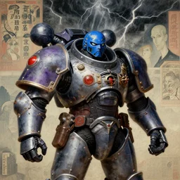 composition of modernismo and futuristic, warhammer, cyber armor, more and more scars, thunderstorm, blue head, earth eyes, some purple and red, the middle ages, highly detailed, artstation, in the style of moebius, jugendstil and classic japanese print, art by rene magritte and jean delville