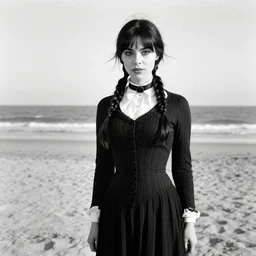 b & w photo of wednesday addams at the beach