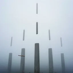 ( ( ( arm reaching out of thick fog ) ) ), 6 stelae pointing down from the sky, untethered stelae, zdzislaw beksinski