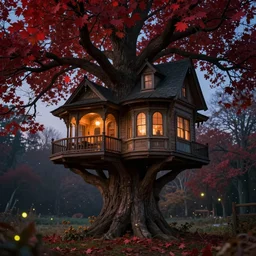 a stunnng victorian big tree house at dusk, ultra detailed, warm interior light, red leaves tree, cinematic shot, photorealistic, octane render, high definition, fine details, fairy mood, fireflies, 8 k