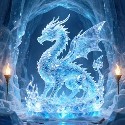Detailed illustration of a fantasy fire and ice crystal dragon sculpture in a blue glowing ice cave, torches, Frank frazetta, treasure chests, blizzard concept artists, elder scrolls, intricate, trending on artstation, deviantart, 8k, vibrant, high res