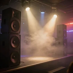 a foggy dance club large speakers. volumetric lighting and thick fog. god rays. disco lighting. Amsterdam.