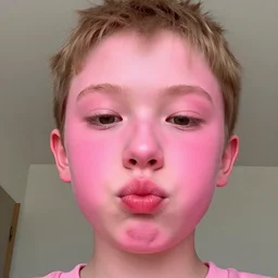 selfie of a small boy with pink - red skin, thick lips, very pink face, thin eyebrows, short light brown hair, puffy face, small ears, high on edibles