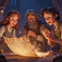 surprised scholars looking at a magical parchment emitting magic dust. high detail. digital art. disney style.