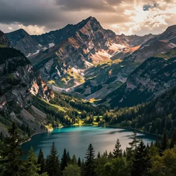 mountains, trees, and lake, epic retrowave art, trending on art station