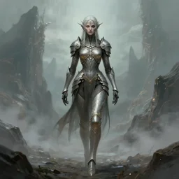 an concept art of the tau queen, walking through planes of eldritch mountains, pale hair, one eye, intricate details, detailed face, detailed armour, artstation, epic pose, ambient light, by rembrandt