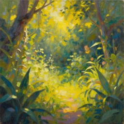 golden ratio in the garden. oil painting by award - winning comic artist. backlighting, chiaroscuro, depth of field, luminescent colors.