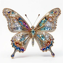 mechanical butterfly!!!!, full shot, intricate complex circuitry, colorful, crystal, highly detailed, ornate, photorealistic camera shot, bright studio setting, studio lighting, crisp quality and light reflections, unreal engine 5 quality render