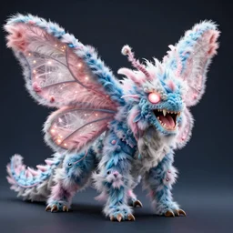 a fuzzy, feathery, flowery, kaiju moth dragon. blue, pink and white. big teeth, bright glowing eyes. digital art, alphonse mucha, rhads, ross tran, artstation, artgerm, octane render, 1 6 k
