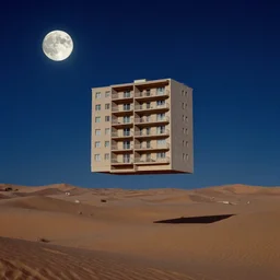 a single apartment building flying above a desert oasis in a moonlit night in the style of peter mohrbacher and jacek yerka