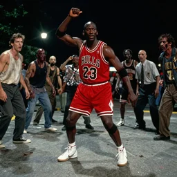 photograph of michael jordan in the thriller music video, in the streets, at night, dancing, zombies, wide shot