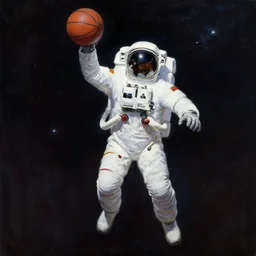 An astronaut playing basketball in space, oil on canvas by Frank Frazetta, artstation, digital art, WLOP, Mandy Jurgens