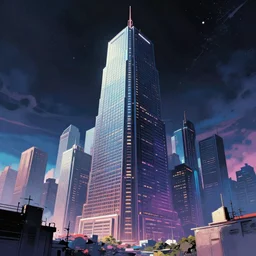 city in the style of cyberpunk, singular gigantic building focus, space sky, anime illustration, abstract