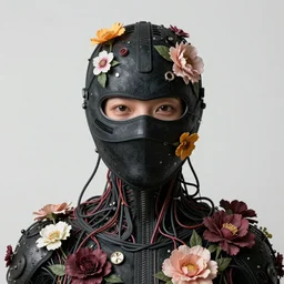 dark cyberpunk ninja mask, a lot of flowers and wires on body, by francis bacon, by ayami kojima, by amano, by karol bak, greg hildebrandt, by mark brooks, by alex grey, by zdzisław beksinski, by takato yamamoto, radiant colors, ultra detailed, high resolution, wrapped thermal background