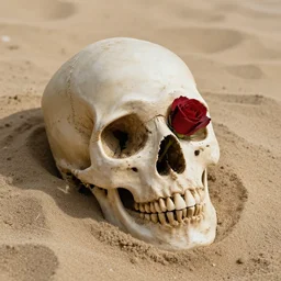 a skull buried in sand with a rose growing from the eye socket