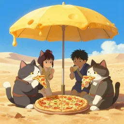 cat samurai eating pizza together in the desert underneath an umbrella made of cheese, digital painting masterpiece, by ryan ottley and mœbius and hayao miyazaki and akira toriyama, 4 k wallpaper trending on pixiv