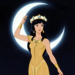 artemixel, the modern reincarnation of the old selenium greek god of hunt, also known as artemis the selene, carrying the celebrated crown of the crescent moon wich its usual bright and slightly bluish crescent like the brightness of the night. cartoon by moebius, 1 9 7 0 - 8 0's sci - fi award character design